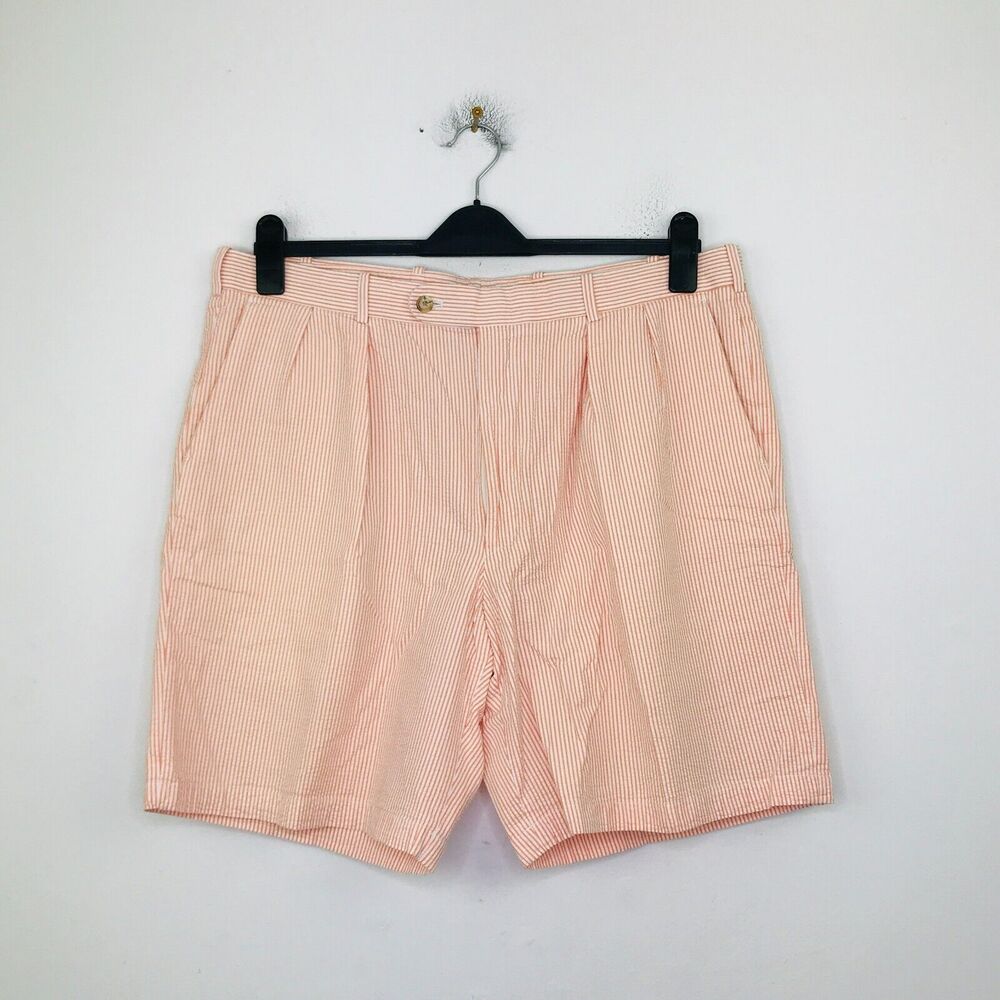 Peter Millar Men's 38 Shorts Orange White Striped Seersucker Cotton Pleated BT18